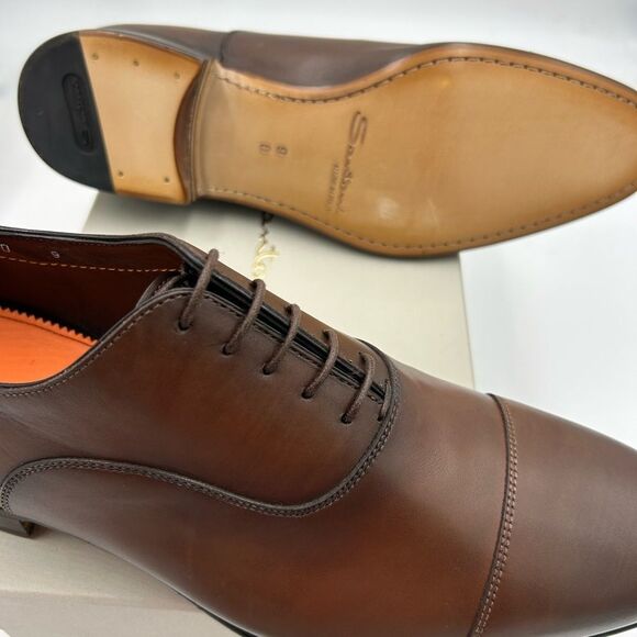 Men's Santoni leather cap toe Oxford size 9 US made in Italy cobbler soles - Picture 8 of 11